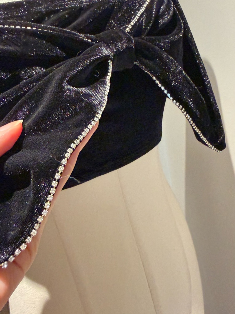 Black Bow-Front Velvet Crop Top with Rhinestone Straps - Picture 6 of 8